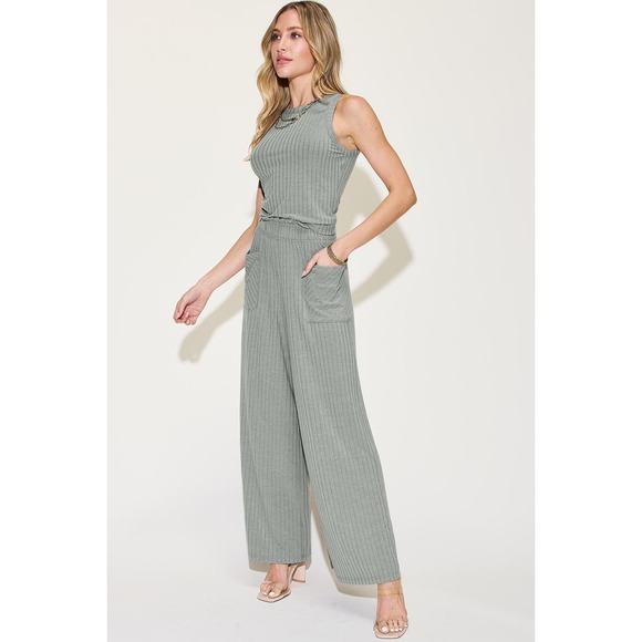 BASIC BAE Heather Gray Two Piece Ribbe Wide Leg and Tank Outift Set NEW - Picture 3 of 6